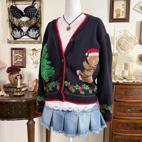 90's quirky vintage teddy bear novelty cropped Christmas cardigan - Picture 2 of 5
